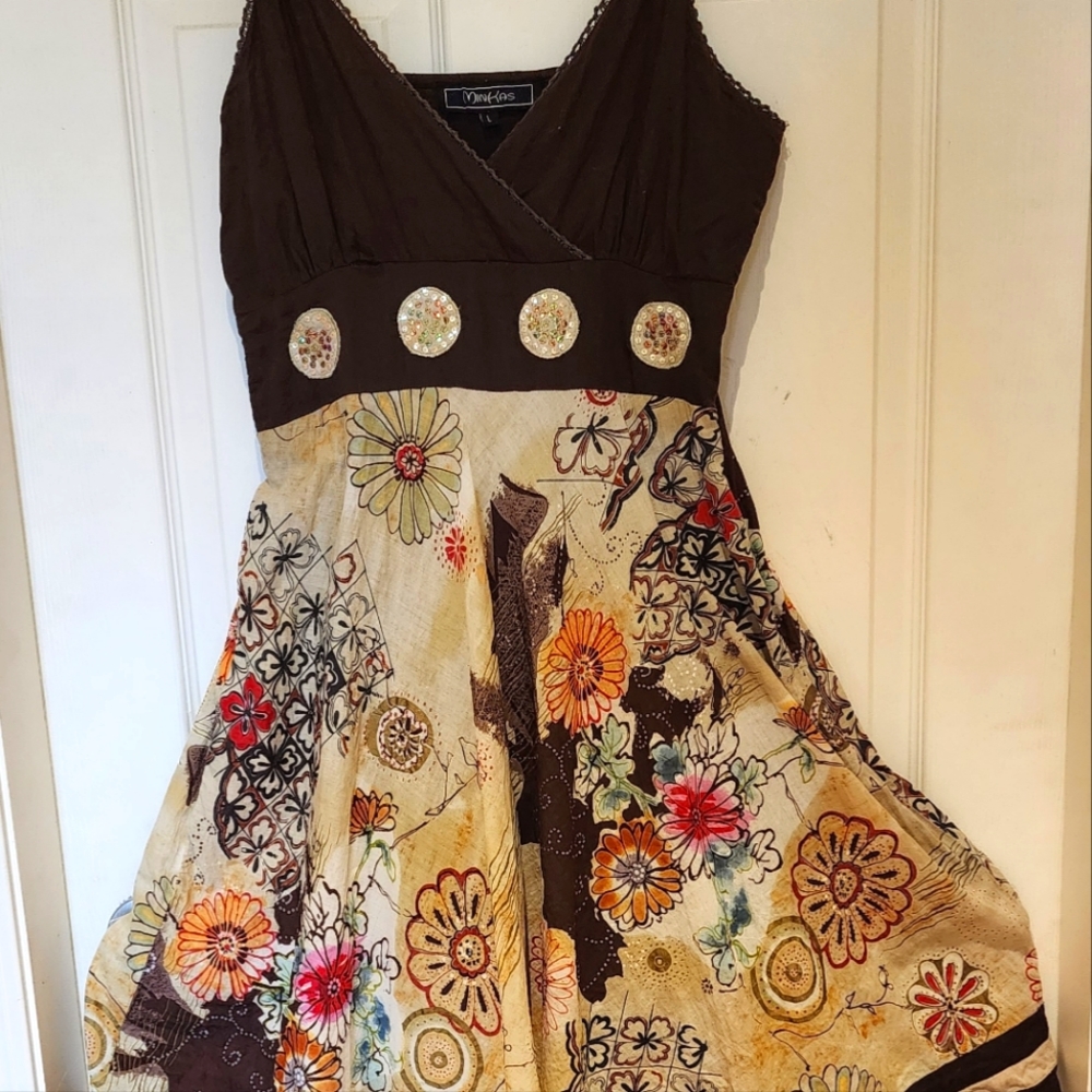 MINKAS cotton dress, size L, side zip sequin discs